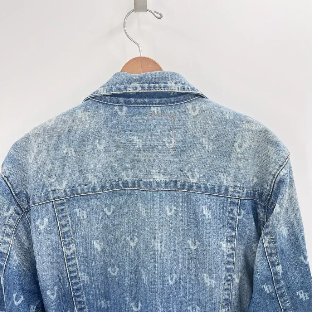 True Religion Monogram Blue Denim Trucker Jacket Mens Size XL